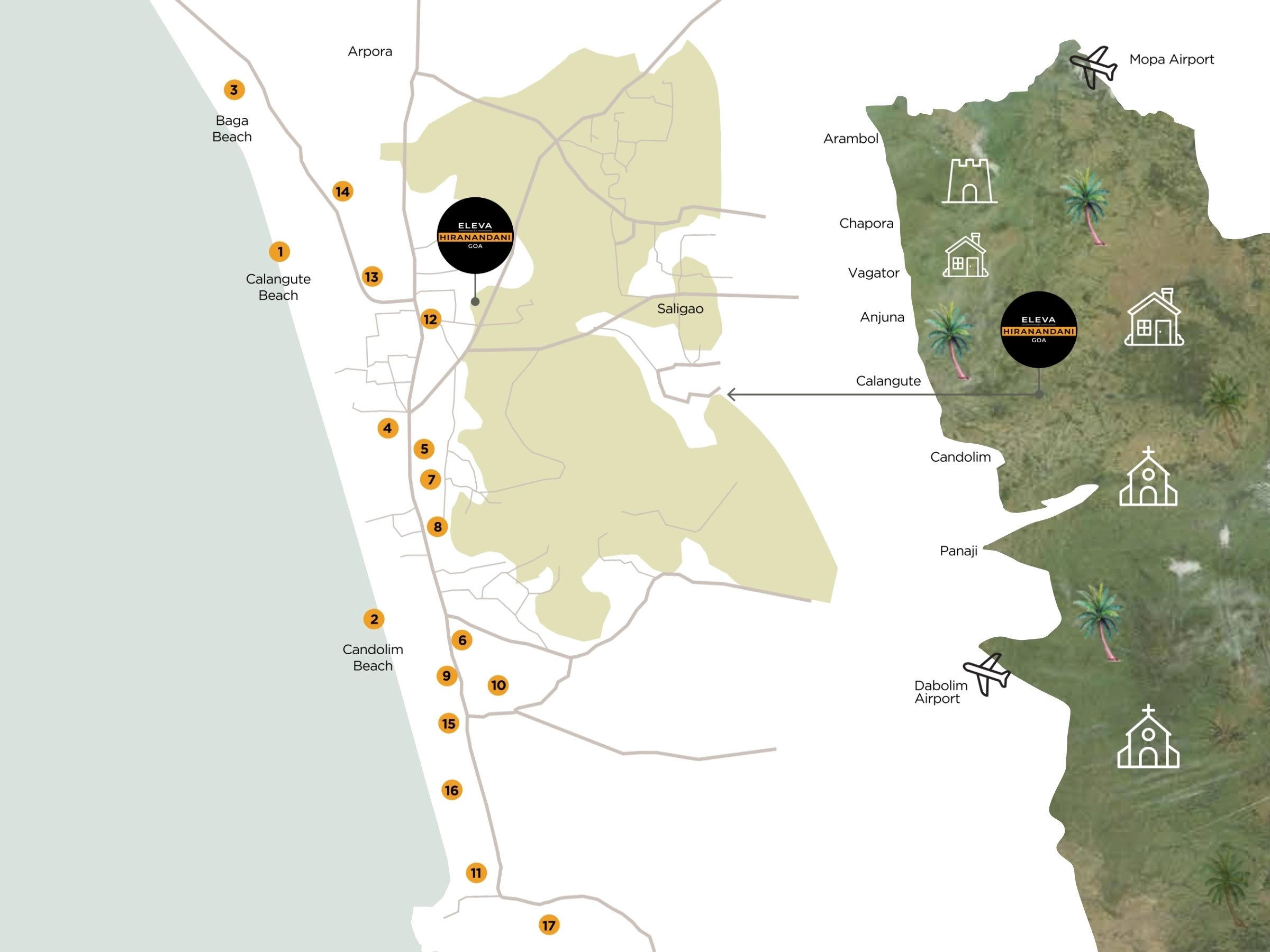 Apartments connectivity map showing nearby beaches, restaurants, hotels, airports and Goa hotspots