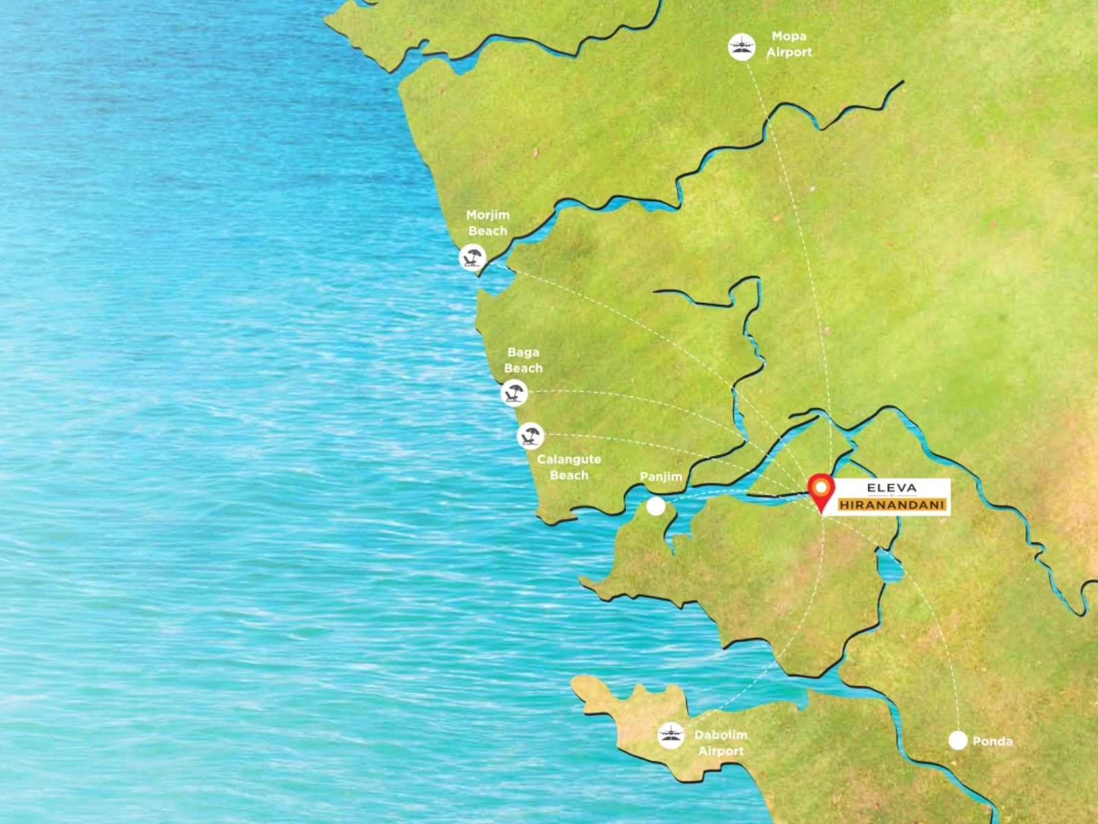 Villa's connectivity map showing nearby destinations across Old Goa and the Kadamba corridor